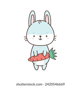 Un conejo lindo con una zanahoria. Animales bonitos al estilo kawaii. Dibujos para niños. Ilustración vectorial aislada