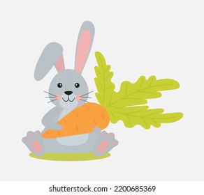 A cute bunny is holding a carrot. Vector illustration in flat style