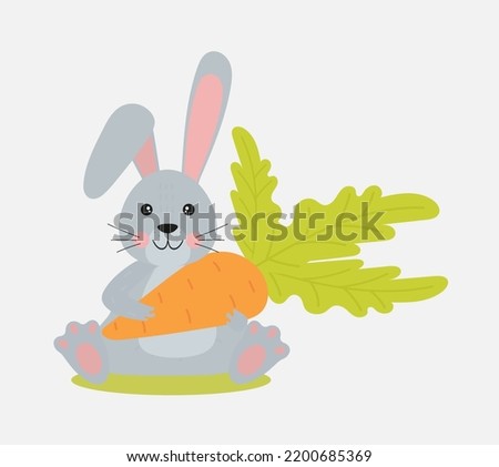 A cute bunny is holding a carrot. Vector illustration in flat style