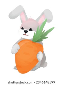 Cute bunny holding carrots. Autumn baby character isolated on white background for Harvest Day design.