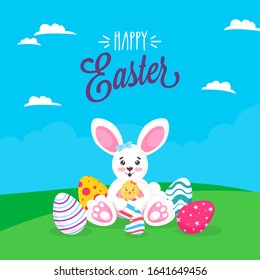 Cute Bunny holding Chick Bird with Printed Eggs on Blue and Green Background for Happy Easter Celebration Concept.