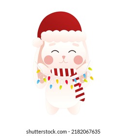 Cute bunny holding christmas lights garland in cartoon style, isolated on white background, clip art for poster design or greetings cards, invitations