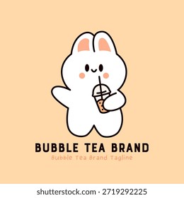 Cute bunny holding cup of bubble tea. Friendly boba drink mascot for beverage brand and cafe logo.