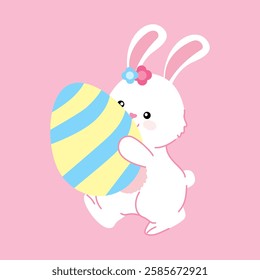 A cute bunny holding a decorated Easter egg, perfect for greeting cards and festive designs.