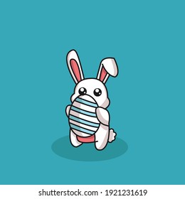 Cute Bunny Holding an Easter Egg. For Easter Day content. Flat cartoon, flat design