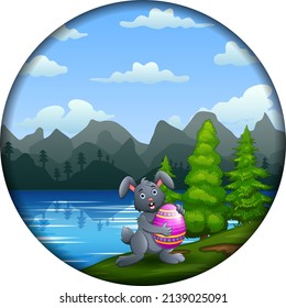 Cute a bunny holding Easter egg in a round frame