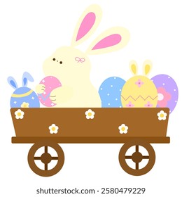 cute bunny holding an easter egg in a cart decorated with pastel easter eggs festive and joyful easter theme