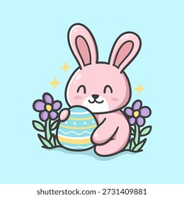 Conejito lindo que sostiene la ilustración del huevo de Pascua para el icono, la etiqueta engomada y otros usos, Vector dibujado a mano