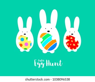 Cute bunny holding Easter eggs. Happy Easter day concept, vector illustration isolated on green background.