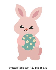 Conejito lindo que sostiene la Ilustración vectorial floral del huevo de Pascua. El carácter adorable es perfecto para diseños festivos, decoraciones y proyectos de Pascua.