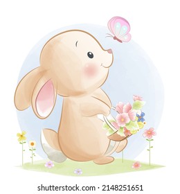 Cute bunny holding flower baske