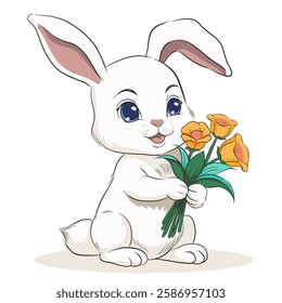 Cute bunny  holding flowers vector illustration. Design element for Easter decoration for holiday