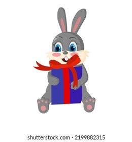 A cute bunny is holding a gift box with a bow. Illustration of the concept of receiving a New Year's gift. Symbol of the new year. Chinese calendar for 2023. Hare 2023 new year