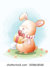 Cute bunny holding a gift cartoon illustration, watercolor animals Isolated on white background, for cover book, print, baby shower, nursery decorations, birthday invitations, poster, greeting card