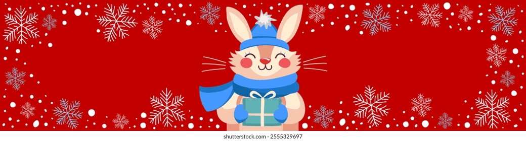 Cute bunny holding a gift in his paws. Rabbit in a winter blue hat and scarf. Character for Christmas and New Year design. Bunny with a box with a bow on a red background with snowflakes. Banner