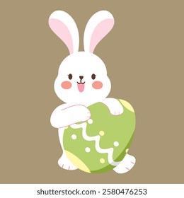 A cute bunny holding a green easter egg.