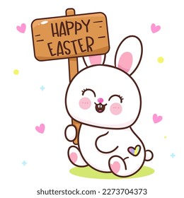 Cute bunny holding happy easter label. Series: Kawaii animals rabbit egg hunting (Character cartoon). Spring activities holiday. Perfect make a wish for baby t shirt fairy tale book, celebration.