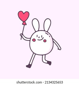 Cute bunny holding heart balloon, illustration for t-shirt, street wear, sticker, or apparel merchandise. With doodle, retro, and cartoon style.