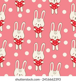 cute bunny holding heart cartoon seamless pattern vector illustration for decoration invitation greeting birthday party celebration wedding card poster banner textiles wallpaper background