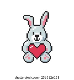 Cute bunny holding heart in his paws. Pixel art. Vector illustration isolated on white.