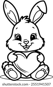 Cute bunny holding heart. Line art illustration