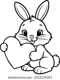 cute bunny holding heart. line art illustration