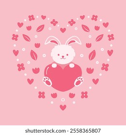A cute bunny holding a heart surrounded by floral decorations, perfect for playful and adorable Valentine themes.