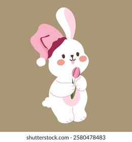 A cute bunny holding a pink flower.