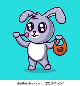 cute bunny holding a plastic bag and candy cartoon vector icon illustration