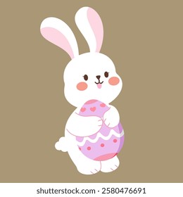 A cute bunny holding a purple easter egg.