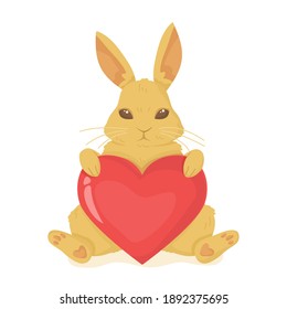 Cute bunny holding red heart. Fluffy rabbit. Valentine Day, Easter spring character, love confession concept. Can be used as card, print or poster. illustration isolated on white in flat cartoon style