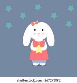 Cute Bunny holding a star, stock vector illustration