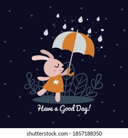 Cute bunny holding umbrella and dancing in the rain. Scandinavian style cartoon character.