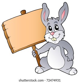 Cute bunny holding wooden board - vector illustration.