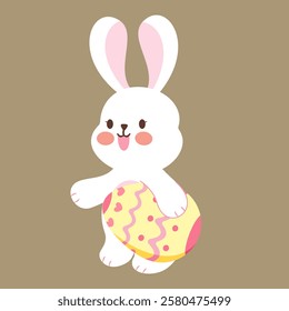 A cute bunny holding a yellow easter egg.