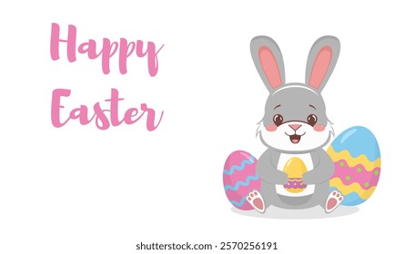 Cute bunny holding a yellow egg with pastel Easter eggs around, Happy Easter text in pink, on a white background, celebration concept