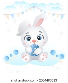 A cute bunny holds a blue ball. Vector illustration in cartoon childish style