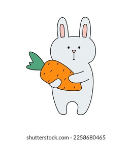 Cute bunny holds carrot. Template for baby design, Easter card, Mother's day. Isolated vector illustration 
