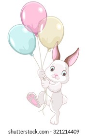 A cute bunny holds of colored balloons 