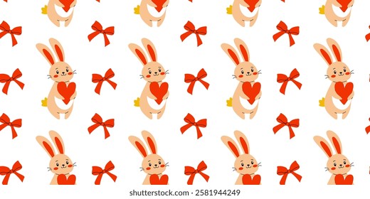 A cute bunny holds a heart decorated with cheerful bows in a delightful pattern