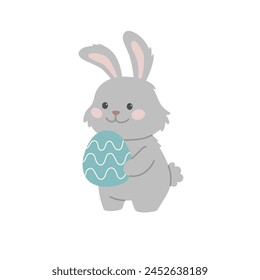 Cute bunny holds a painted Easter egg