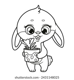 Cute bunny holds in paws a pot with spring crocus flower outlined for coloring. Image produced without the use of any form of AI software at any stage