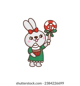 Cute bunny with holiday sweets lollipop and cake in her hands. Amusing character rabbit celebrating Christmas. Anthropomorphic animal girl. New year vector illustration isolated on a white background