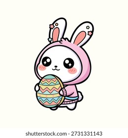 Conejito lindo en sudadera con capucha que abraza el huevo de Pascua Kawaii Vector de dibujos animados