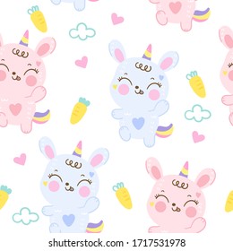 Cute Bunny horn cartoon rabbit Seamless pattern carrot fruit: Series Kawaii animal Girly doodles (nursery child). Magic character design on white background illustration. Perfect design for fashion.