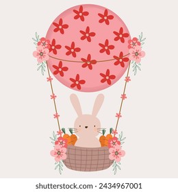 Cute Bunny in Hot Air Balloon with Flowers and Carrots, Hand-Drawn Vector Illustration for Spring and Easter Decorations, Perfect for Kids' Nursery Art and Greeting Cards