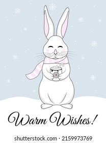 Cute bunny with hot cocoa mug. Warm wishes Christmas card.