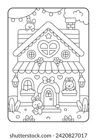 Cute bunny house coloring page illustration