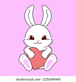 Cute bunny hug pink heart. White rabbit holding love symbol vector illustration.