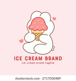 Cute bunny hugging big strawberry ice cream cone. Adorable dessert mascot for sweet brand and packaging.